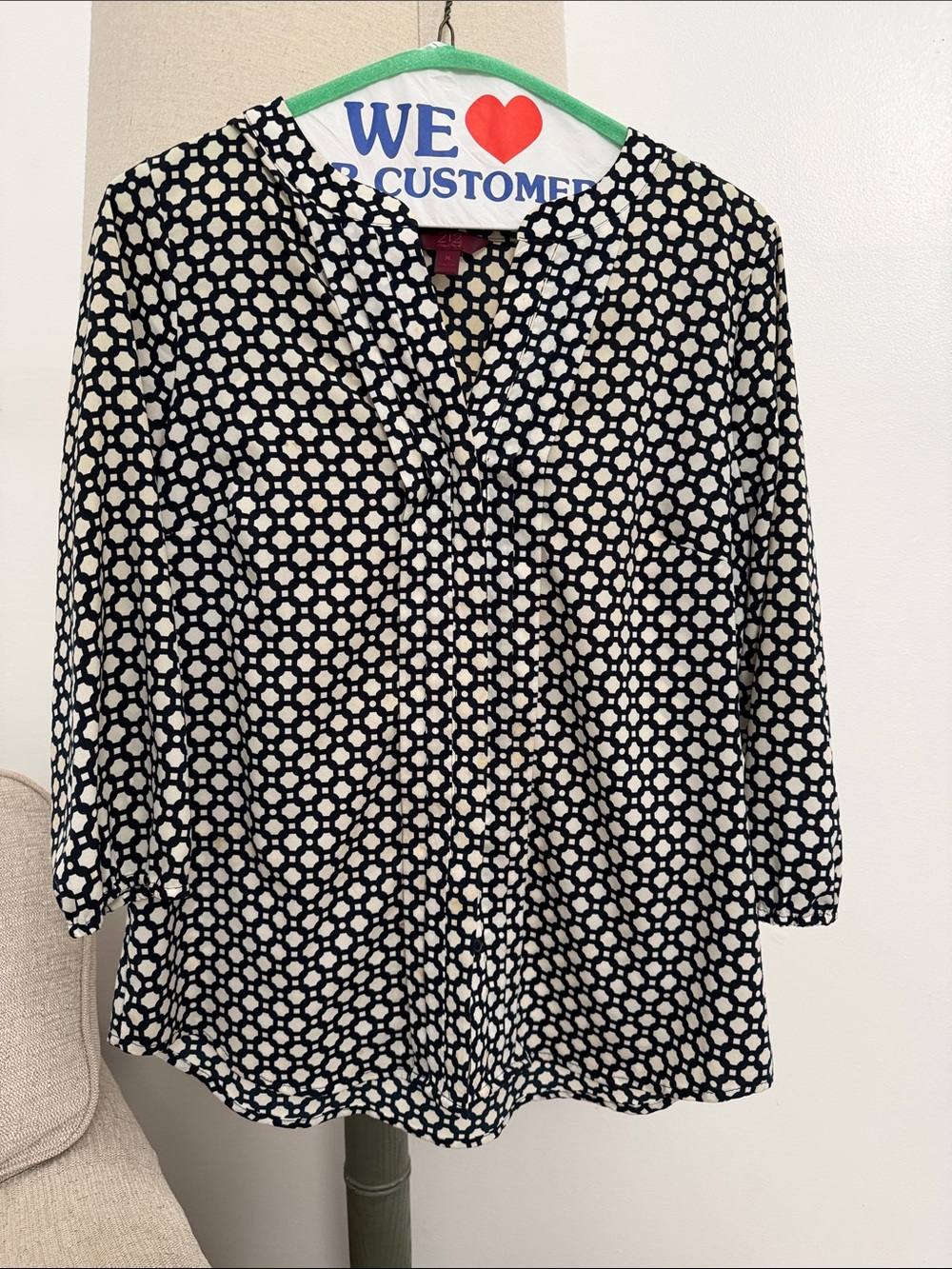 Navy Blue & White Geometric Button-Front Women's Blouse